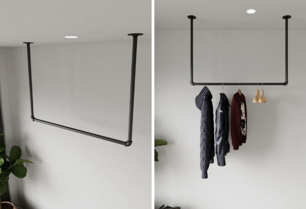metal mounted retro styled hanging clothes rack from ceiling
