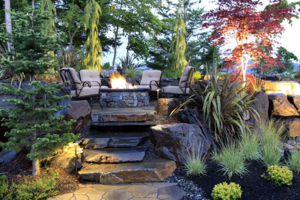 natural stone steps to add a rustic touch to a contemporary patio