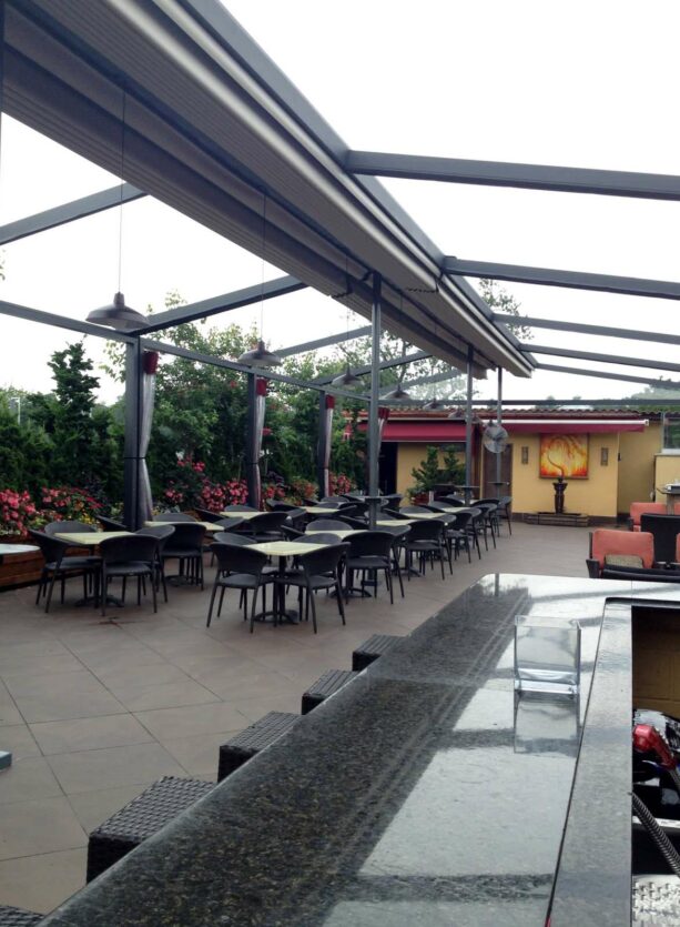 restaurant patio covered by waterproof retractable enclosure