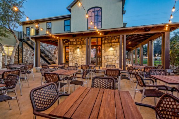 restaurant patio in an organic look with reclaimed hit & miss oak flooring