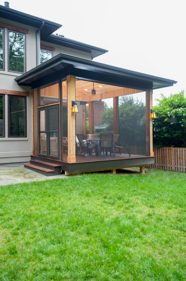 screened-in small back porch in a contemporary style