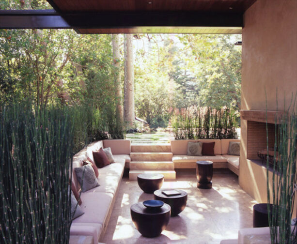 small patio steps surrounded by built-in benches