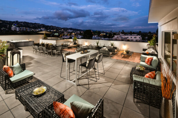 trendy restaurant patio on the rooftop with no cover