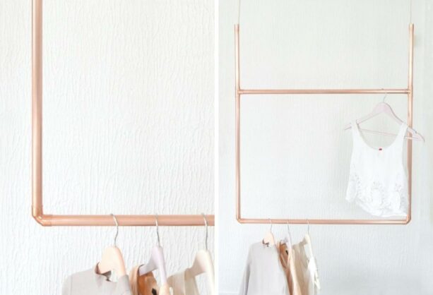 two-bar hanging clothes rack from the ceiling with an ivory rope