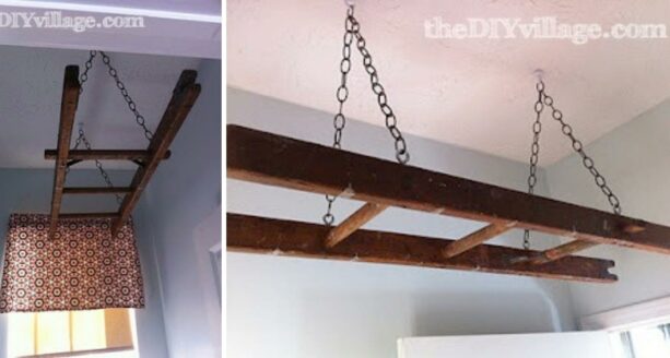 using a ladder as a hanging clothes rack from the ceiling