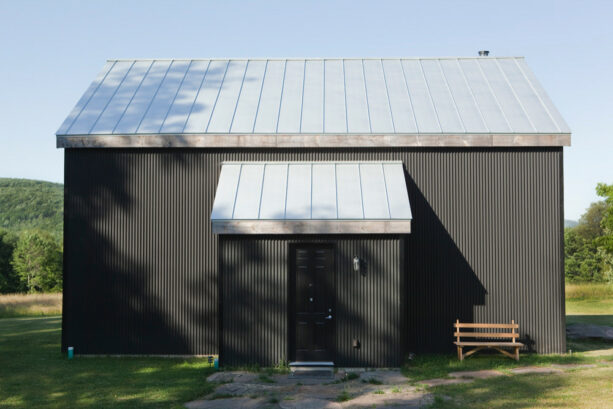 vertical corrugated aluminum metal siding in black paired with light gray standing seam roof