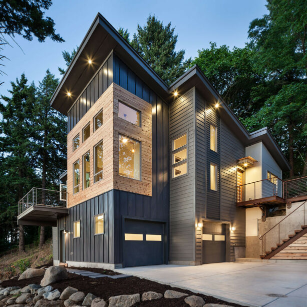 vertical standing seam metal siding in a dark gray color