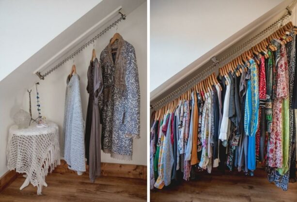 waterfall hanging clothes rack from a sloped ceiling