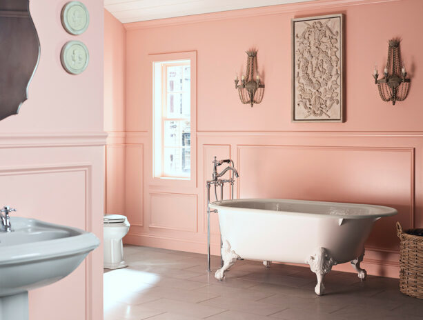bright pink walls to contrast soft gray fixtures in a traditional bathroom