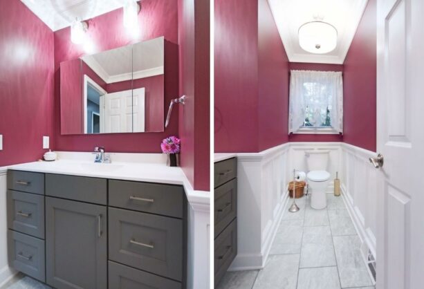charcoal gray recessed panel cabinet against the pink fuchsia wall