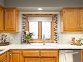 custom color blend of stix tile for backsplash around kitchen window