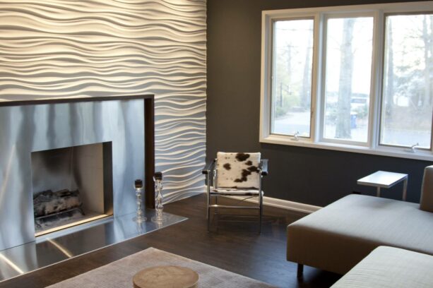 fireplace with metal stainless steel surround and modular art wall