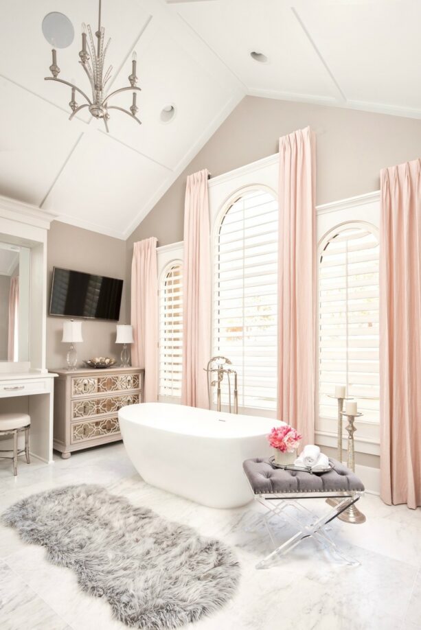 gray bathroom walls and light pink drapery