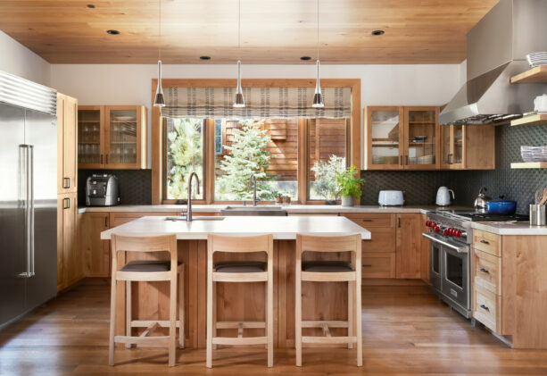 light tone wood shaker window trim in a farmhouse kitchen