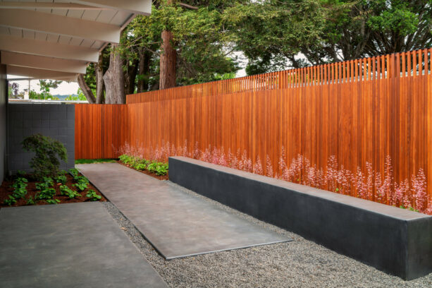 tight slatted vertical panel mid-century modern fence
